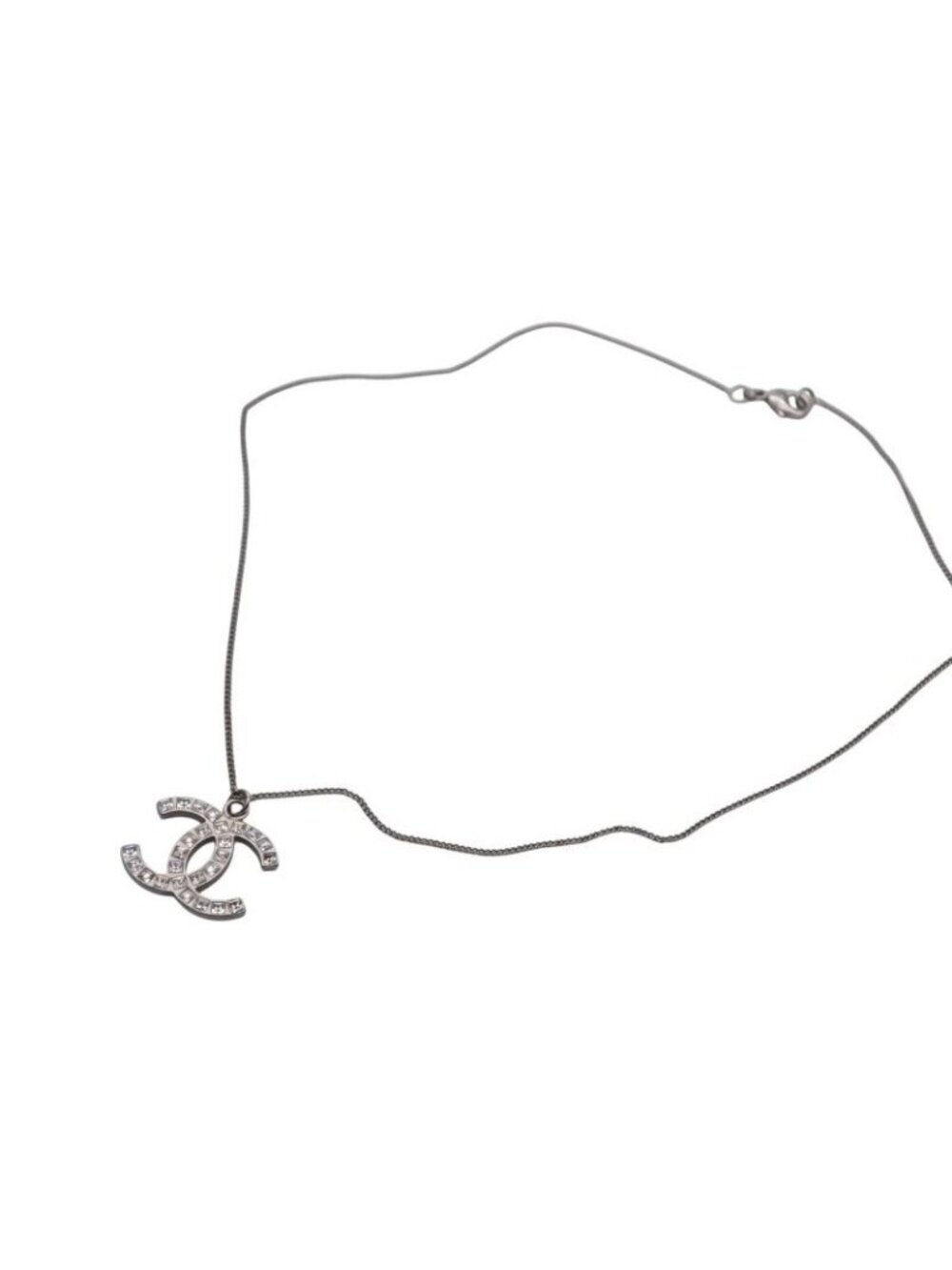 Chanel CC Logo Square Rhinestone Necklace 09 50 Silver Metal